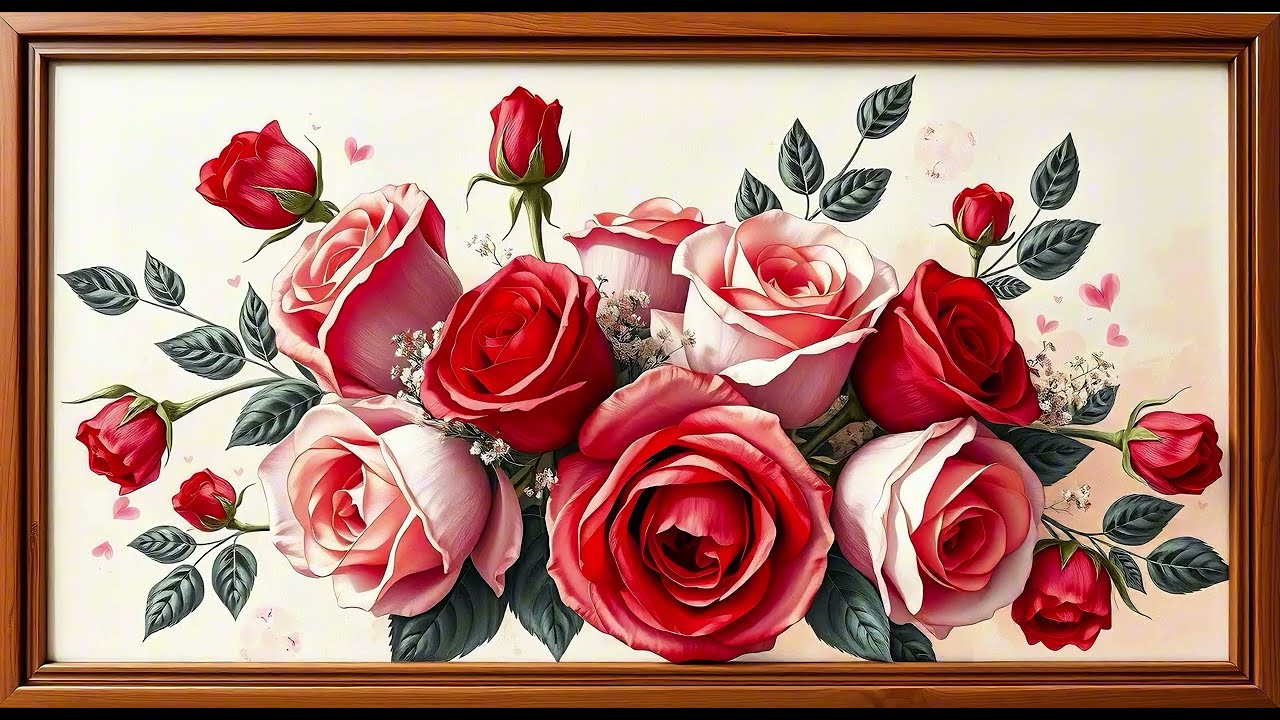 Romantic Red & Pink Roses in 4K. 1 Hour Relaxing Floral Wall Art. Elegant Background