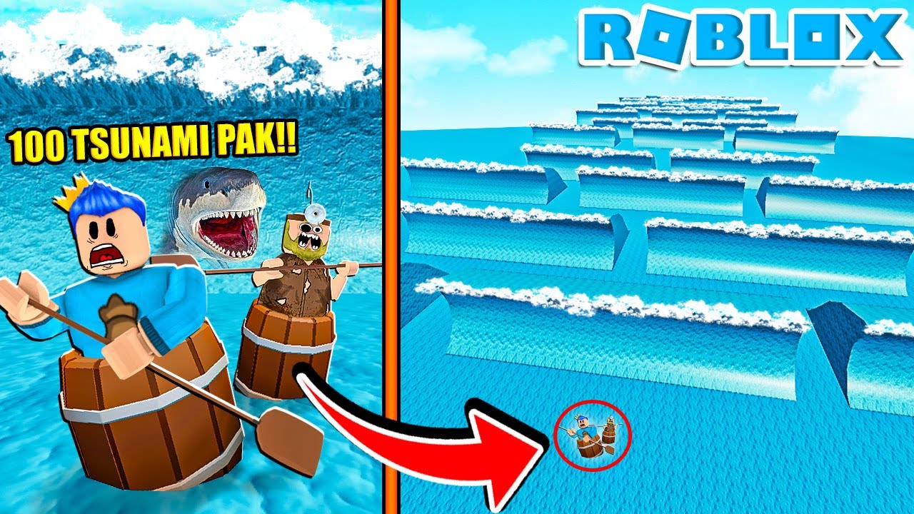 BERMODALKAN GENTONG KAYU KITA BERTAHAN DARI 100 TSUNAMI DI ROBLOX!!!