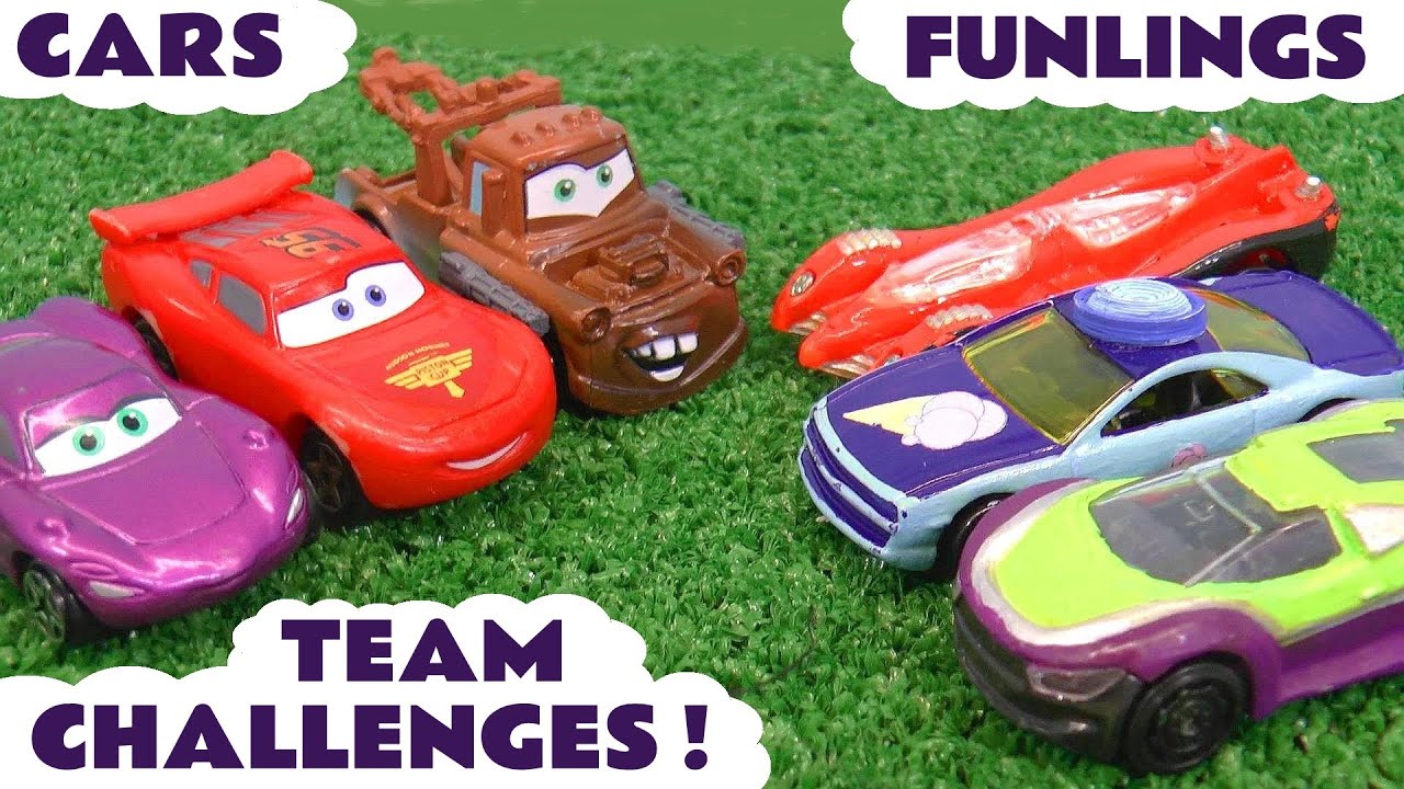 Funlings Cars Work Together in Team Challenges with Toy Car Characters