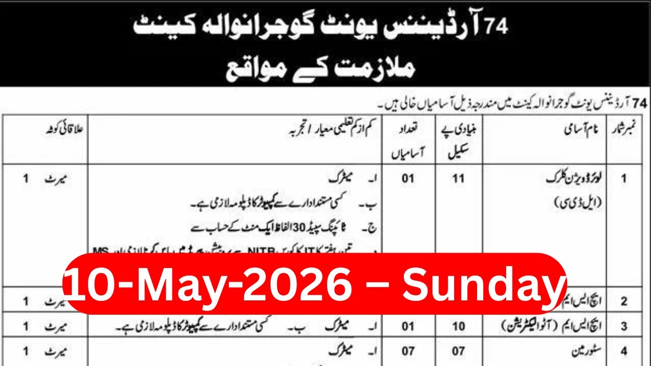 Pakistan Army Civilian Jobs 2026 | 74 Ordnance Depot Gujranwala Jobs | LDC, Driver & Fireman