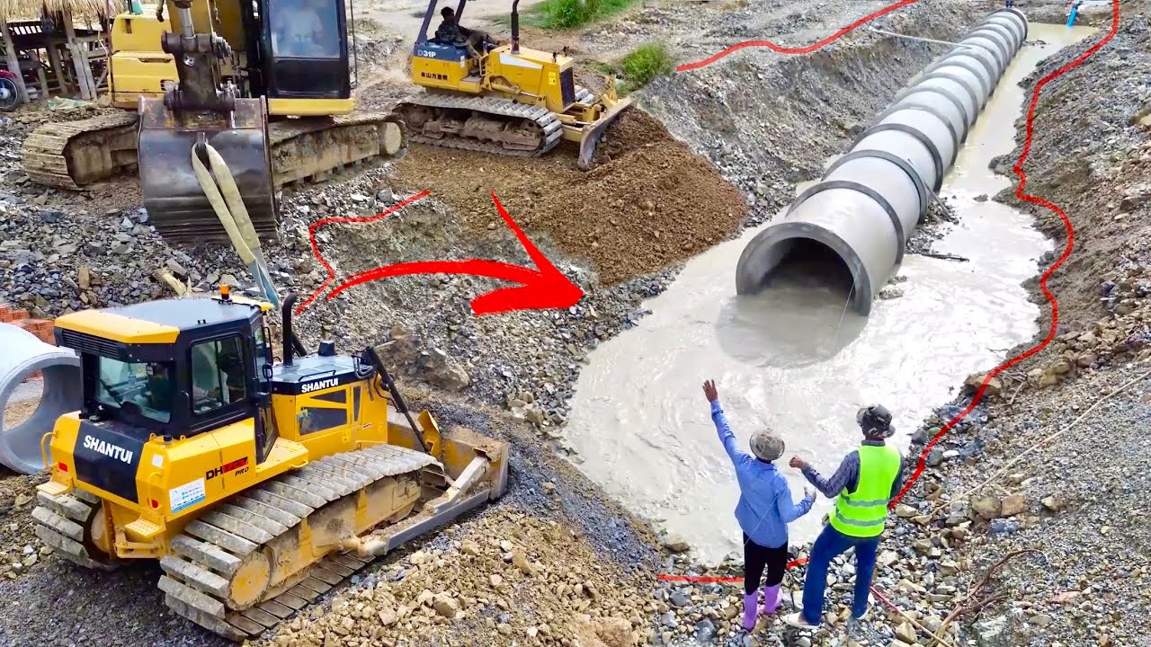 Full Process Filling Rock & Installing Drainage Concrete Pipes Using SHANTUI & KOMATSU Bulldozer