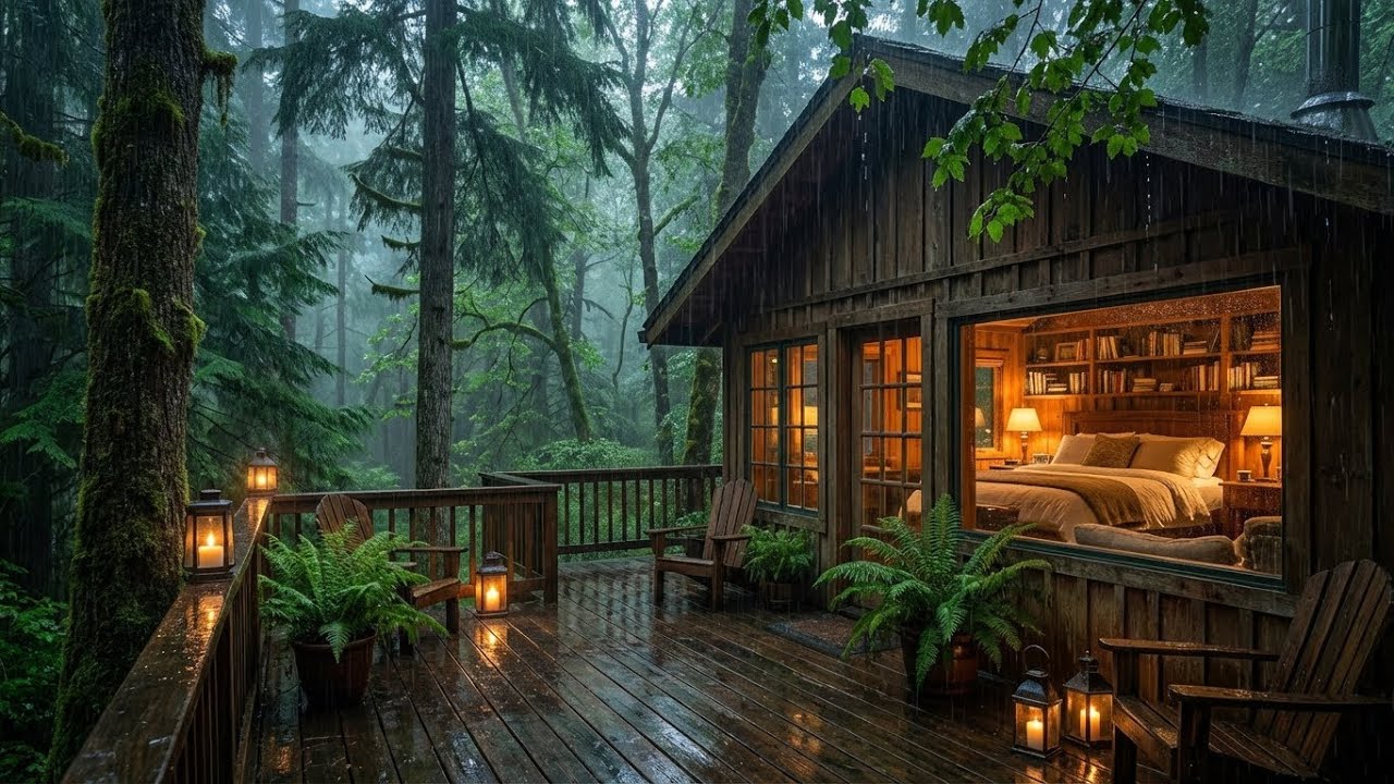 Total Calm: Rain on Wood Deck & Piano in Cozy Cabin for Sleeping Fast in Mossy Woods ✨