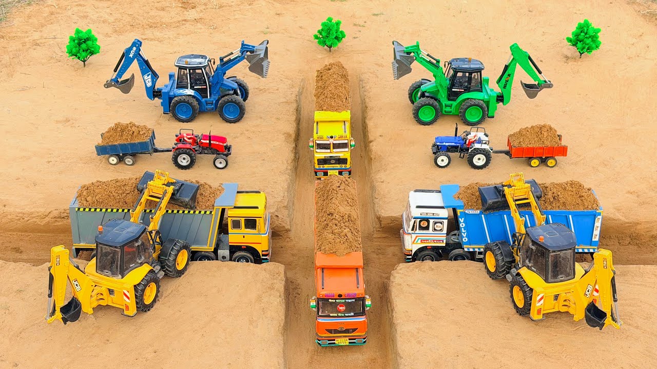 JCB 5CX fully loading sand concrete Tata tipper truck | Mahindra Arjun novo 605Di | jcb cartoon 