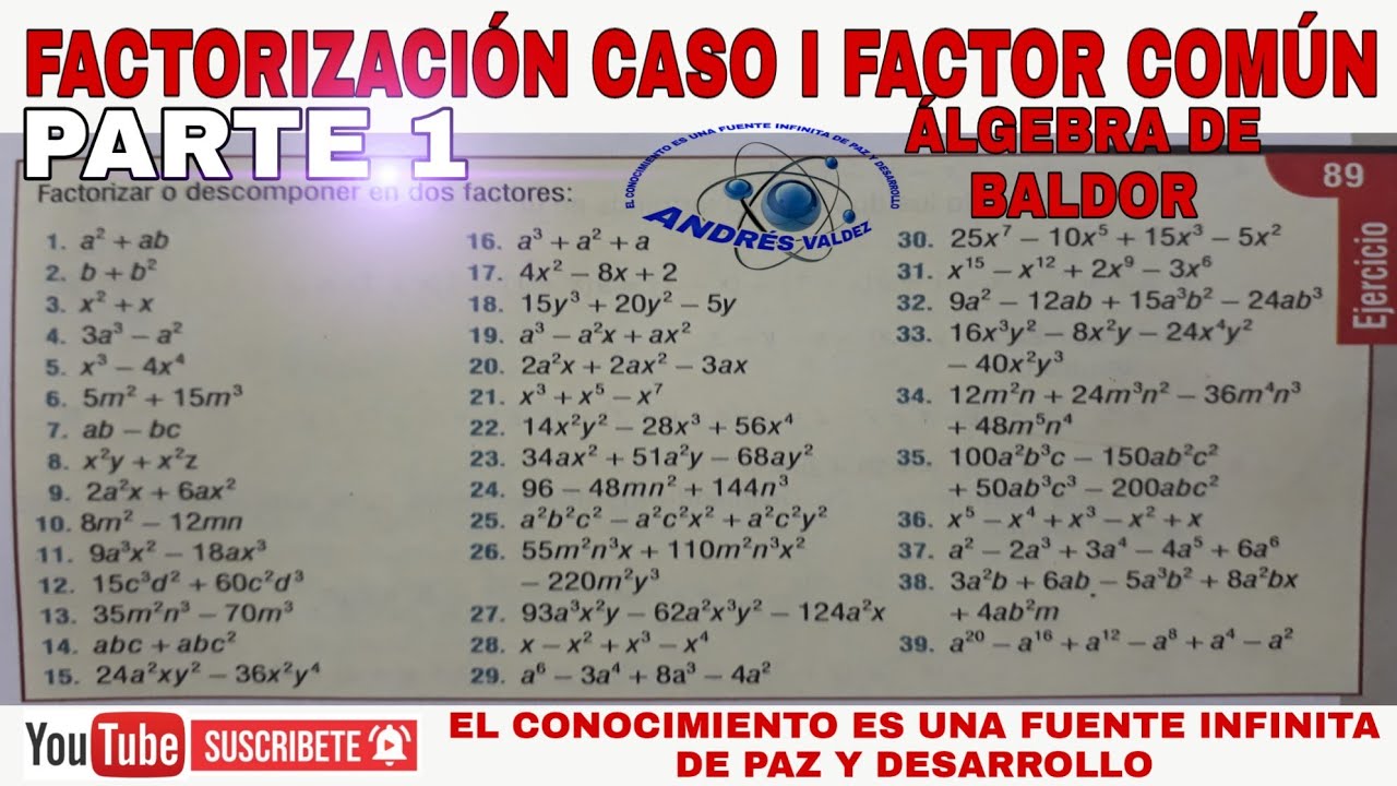 FACTORIZACIÓN - CASO I FACTOR COMÚN ÁLGEBRA DE BALDOR EJERCICIO 89  Parte 1- Problemas 1-15