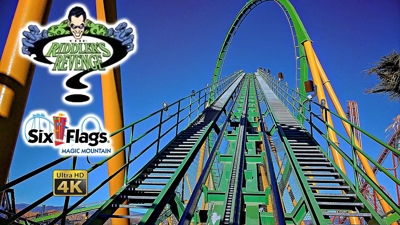 2025  The Riddler's Revenge Roller Coaster On Ride Front Seat 4k POV Six Flags Magic Mountain