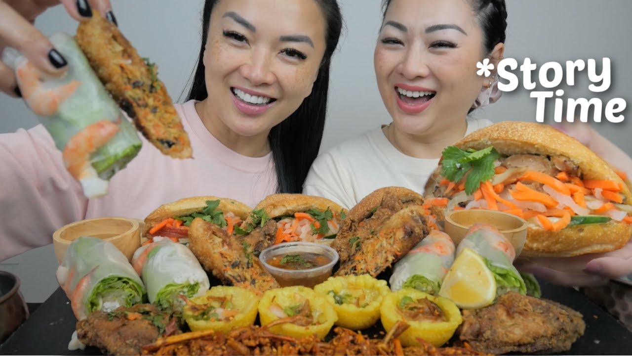 Vietnamese Feast Mukbang *Childhood Story Time Mini Q&A Sister Mukbang With Bloopers | N.E Let's Eat