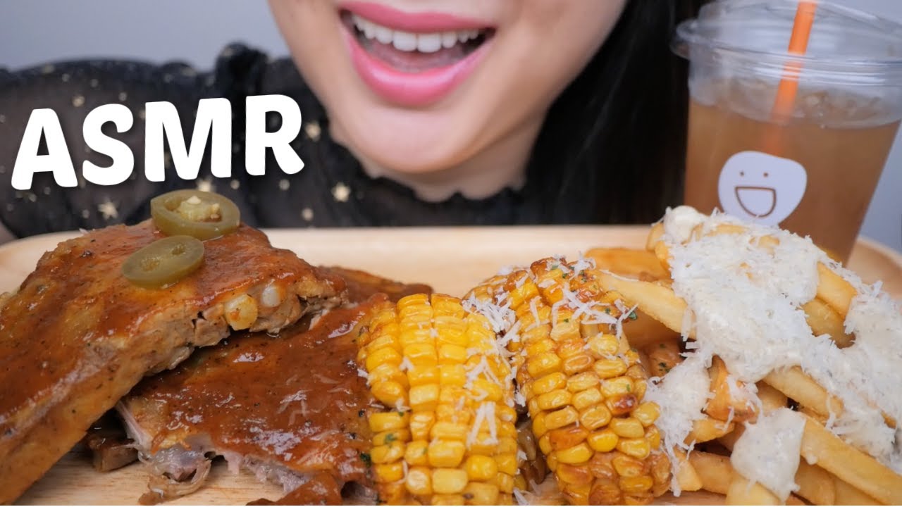 BBQ PORK RIB with BBQ Corn and Truffle Mayo Fries *ASMR Slight Whisper Eating Sounds | N.E Let's Eat