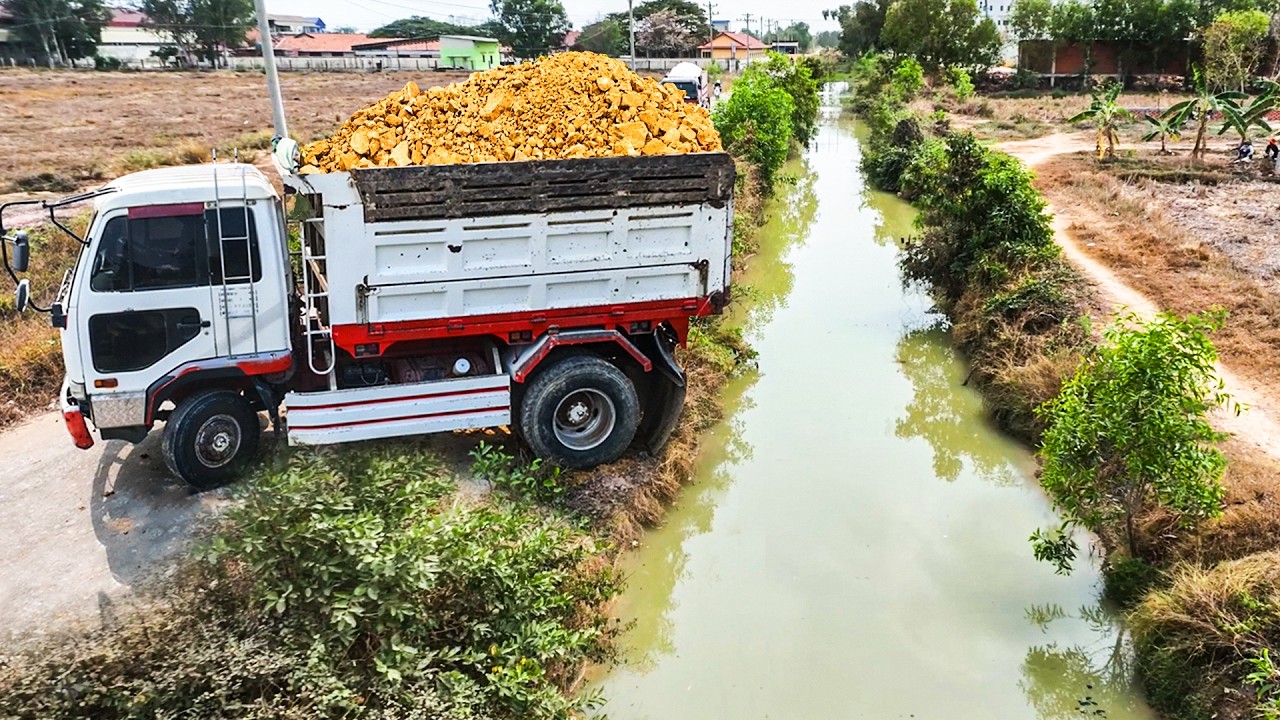 Full Process Project.! Complete100% Landfill Delete Deep Canal By Skills Dozer Pushing Stone Soil