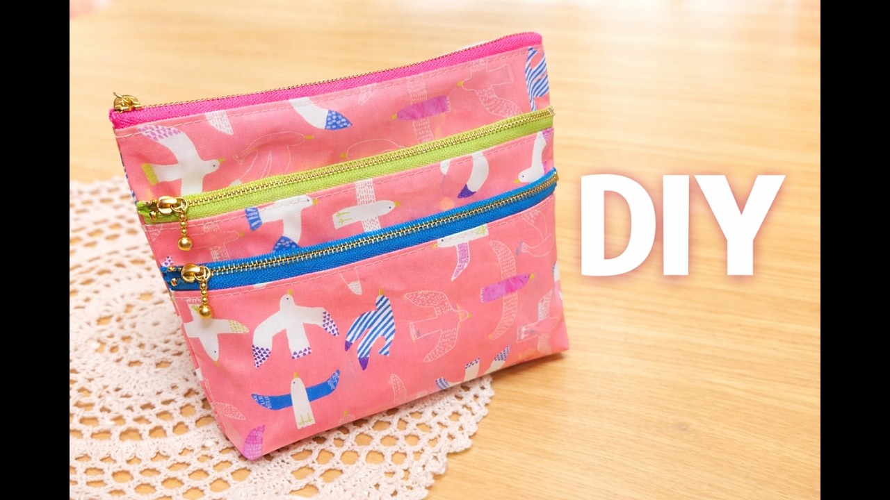 DIY☆20cmファスナー３本で作るマチ付きのポケットポーチの作り方／3FastenerPoach