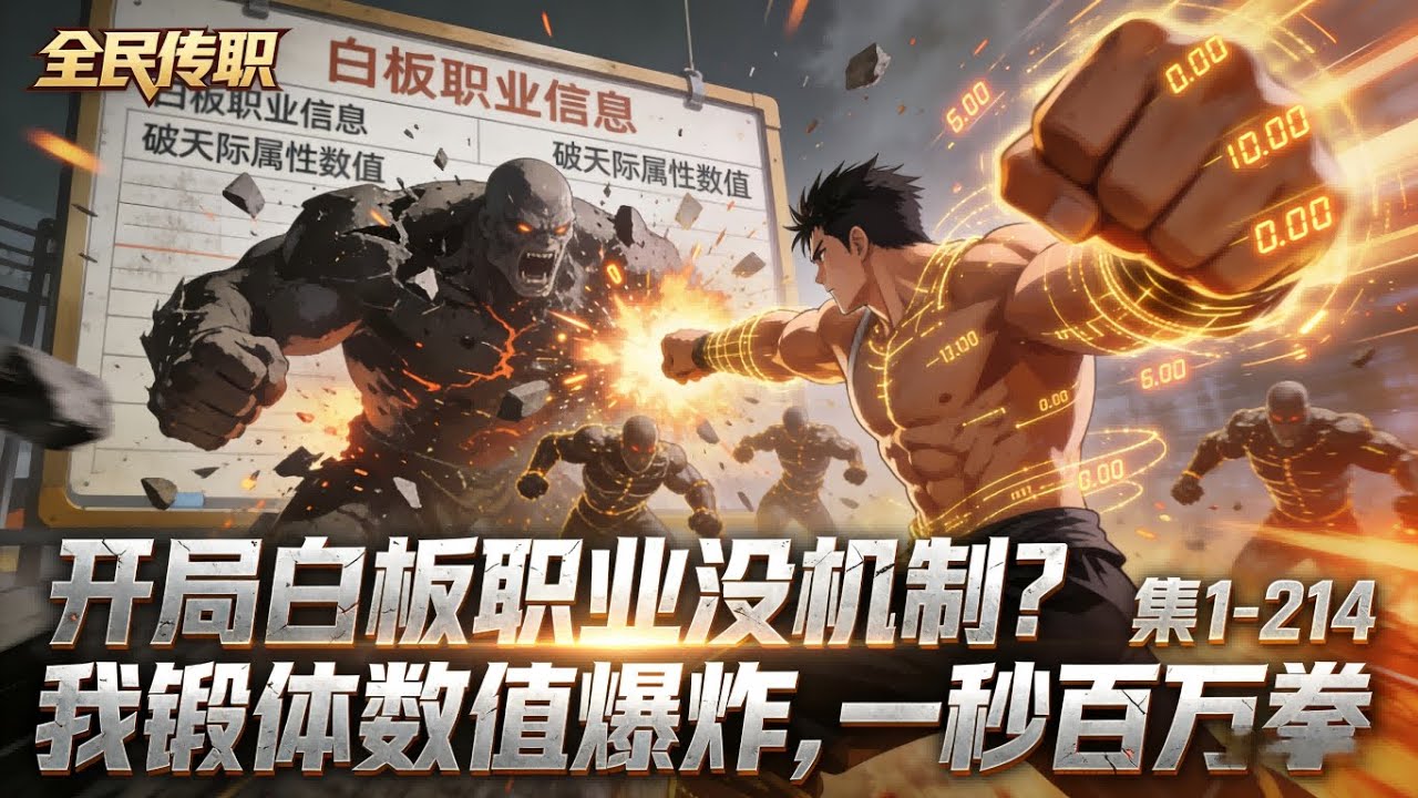 《开局白板职业没机制？我锻体锻到数值爆炸，一秒百万拳》1-214 全民转职，路磊觉醒白板职业。直接觉醒锻体系统：锻炼、打怪掉落属性，且爆率惊人！三天攻击力破万！一周血条爆满！神级领主？一秒百万拳瞬秒！