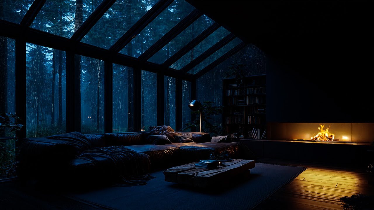 Gentle Night Rain on a Forest Cabin with Fireplace Sounds – Dark Room Ambience for Deep Sleep