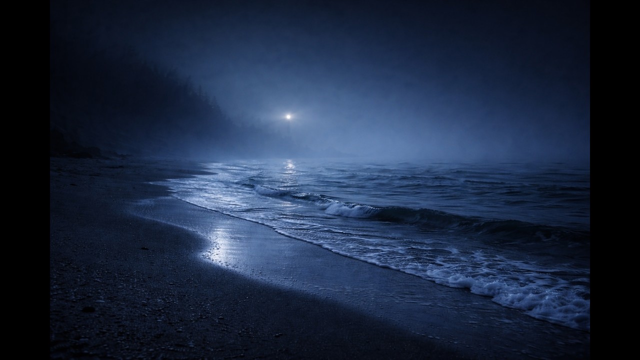 Foggy Coast at Night – Slow Ocean Waves for Deep Sleep (8 Hours)
