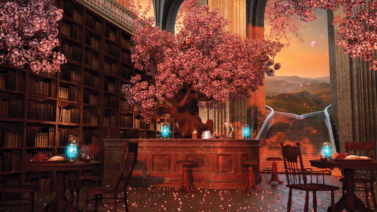 Spring Library Caf&eacute; Ambience 🌸 Cherry Blossom Caf&eacute; With Relaxing Nature Sounds & Library Sounds