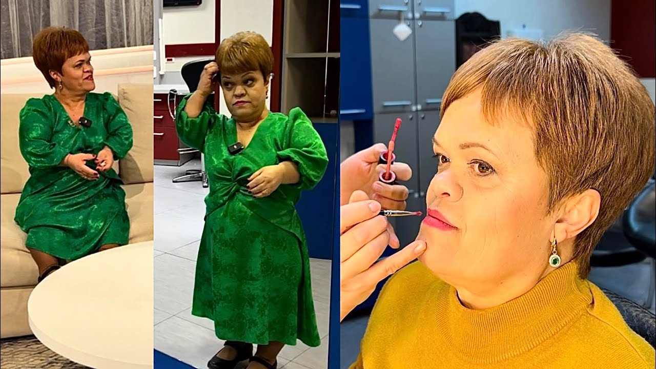 Ana Pascarenco, femeia cu nanism, care are 120 cm înălţime. Coafată, machiată, pentru o emisiune TV