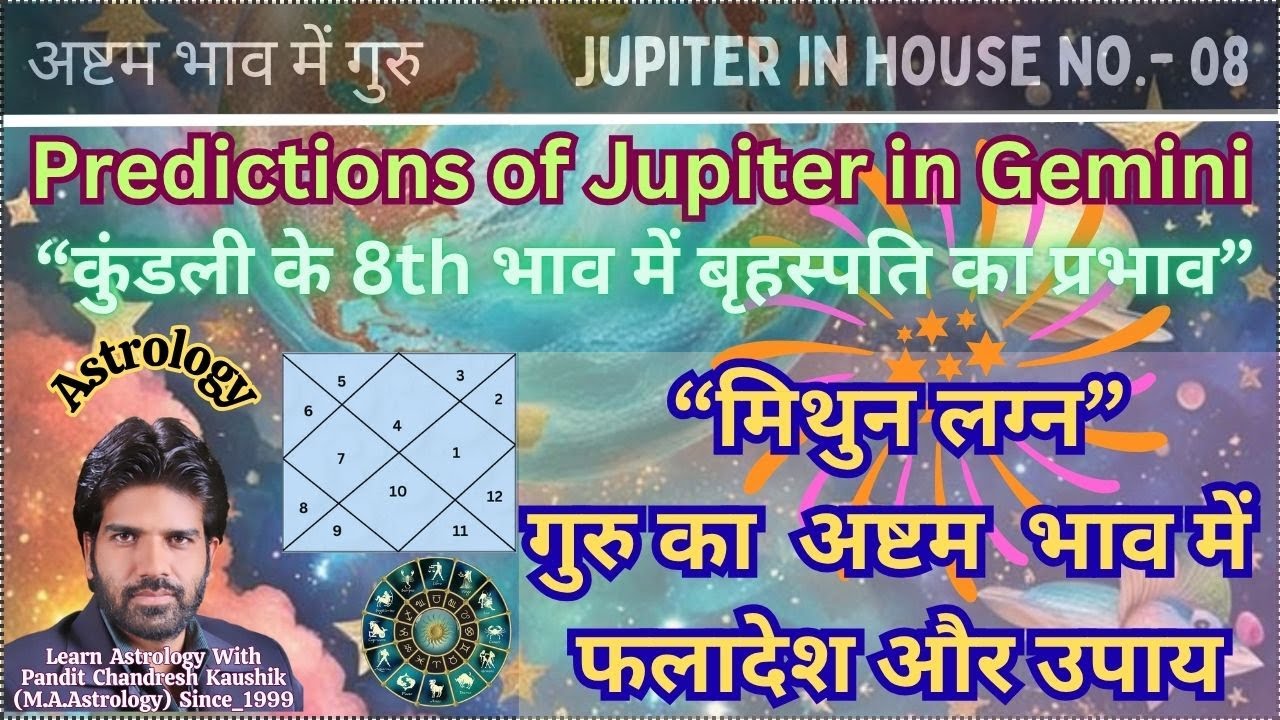 मिथुन लग्न–गुरु(बृहस्पति) अष्टम भाव फलादेश-उपाय Gemini - Jupiter in 8th House Predictions-Remedies