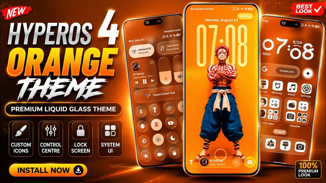 HyperOS 4 Orange Theme 🔥 Premium Liquid Glass Look | Control Center, Icons & Lock Screen 📲