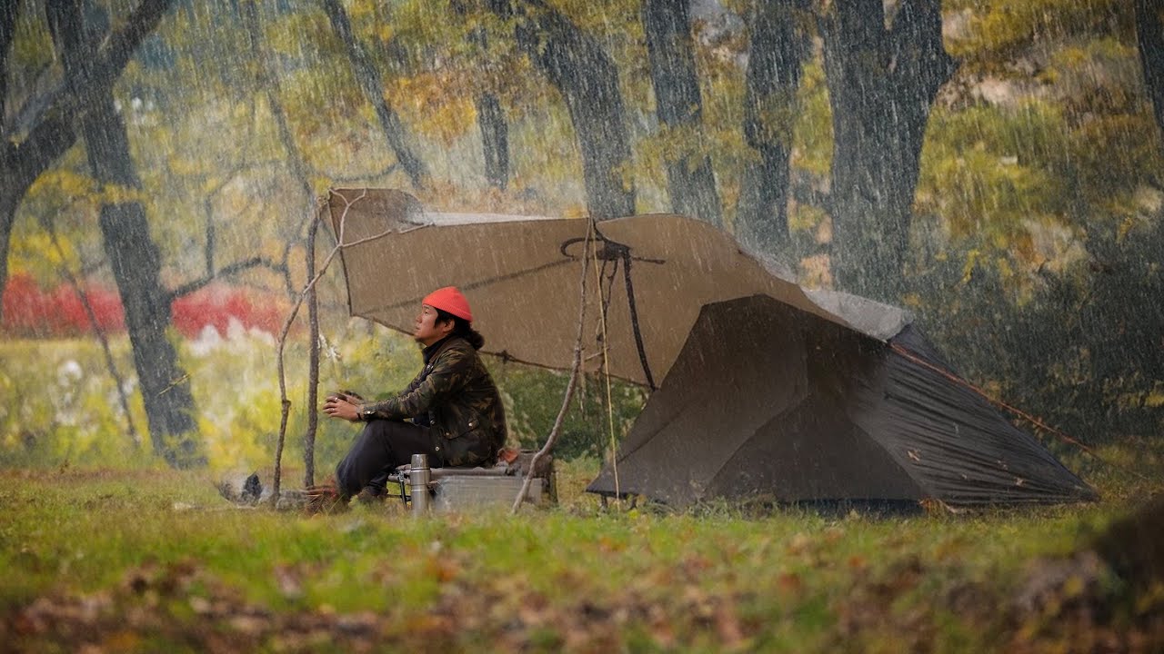 Rainy Solo Camping in Japanese Autumn Forest 🍁