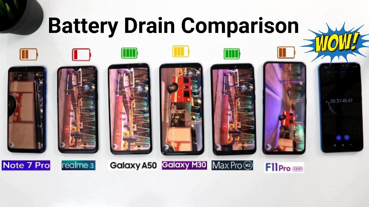 Redmi Note 7 Pro Vs Samsung A50 Vs M30 Vs Realme 3 Vs Max Pro M2 Vs Oppo F11 Pro Battery Drain