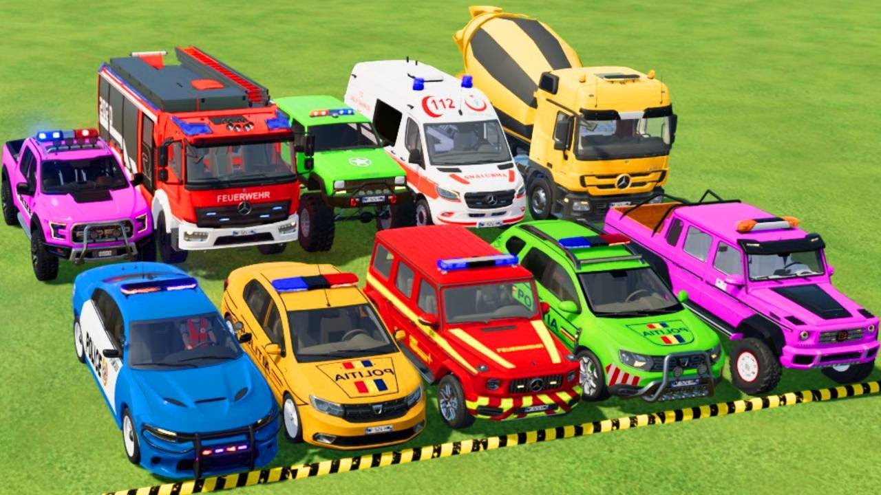 TRANSPORTING POLICE CARS, AMBULANCE, FIRE TRUCK, COLORFUL CARS WITH TRUCK -FARMING SIMULATOR 22!