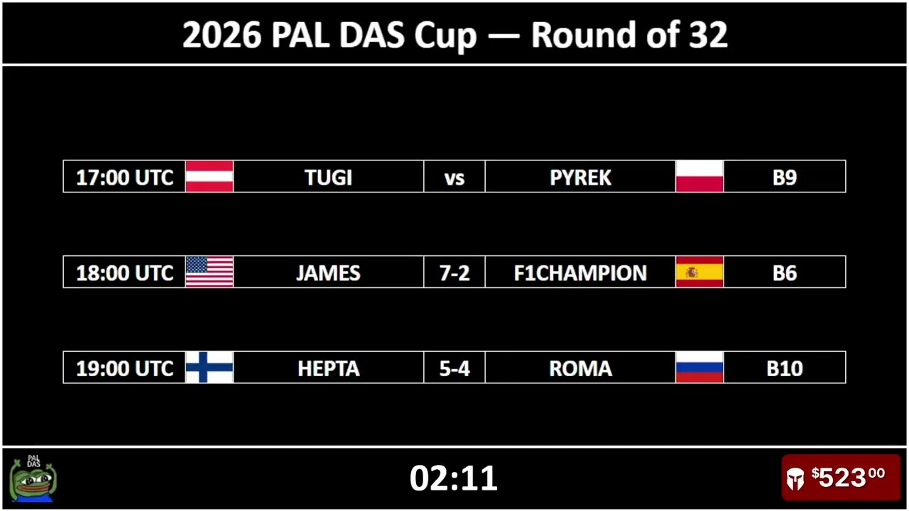 026 PAL DAS Cup | Ro32 | TUGI vs PYREK, JAMES vs F1CHAMPION & HEPTA vs ROMA | 2026-02-05