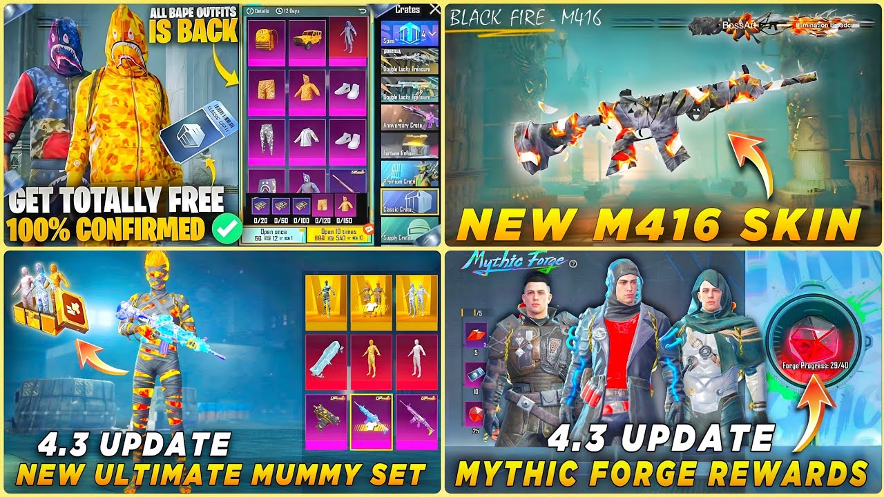 🔴 BAPE SET RETURN BGMI | NEW M416 SKIN CONFIRM | NEW ULTIMATE MUMMY SET | MYTHIC FORGE 4.3 REWARDS 🤩
