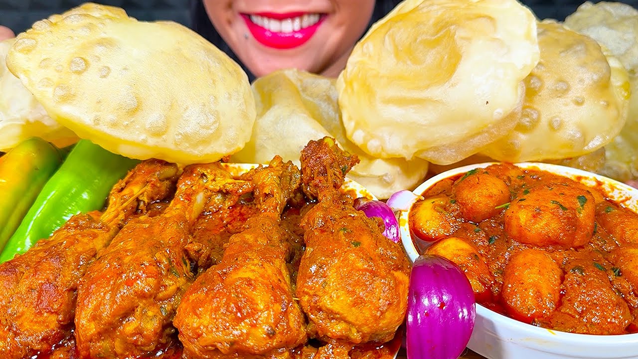 ASMR SPICY CHICKEN KOSHA, DUM ALOO, LUCHI: PURI MUKBANG MASSIVE Eating Sounds