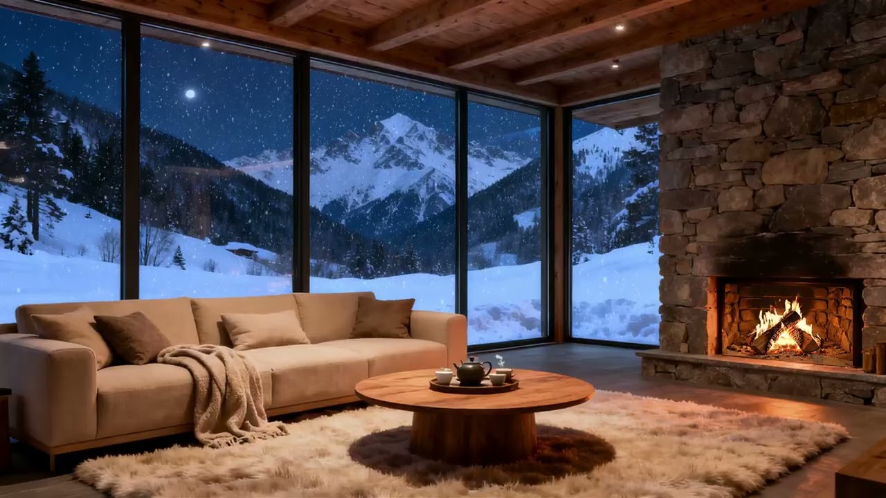 ❄️ Peaceful Winter Night 🔥 Modern Cabin Fireplace Ambience for Peaceful Sleep