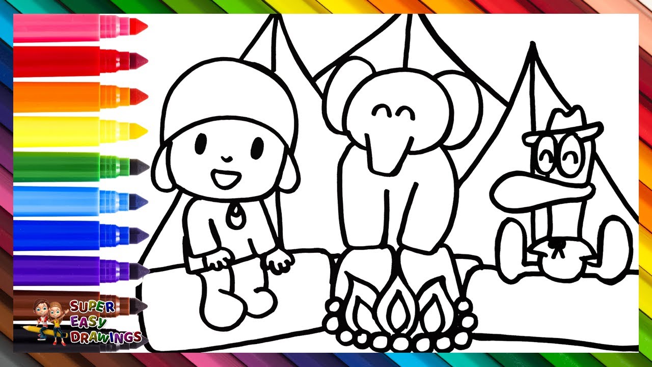 Drawing And Coloring Pocoy&oacute;, Elly And Pato While Camping 👶🐘🦆🏕️ Drawings For Kids