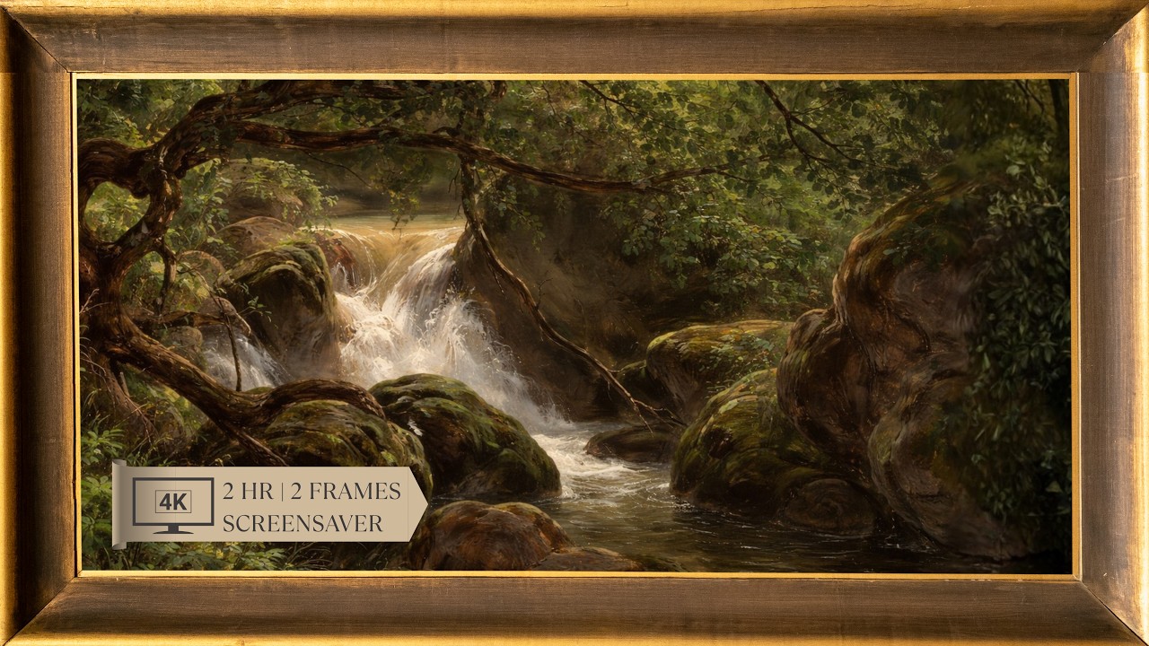 Wood Framed Forest Waterfall Screensaver - 4K Fine Art, 2 Hours, 2 Frames