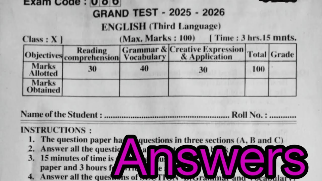 💯10th class English Grand test questions paper and answers real with key sheet 2026