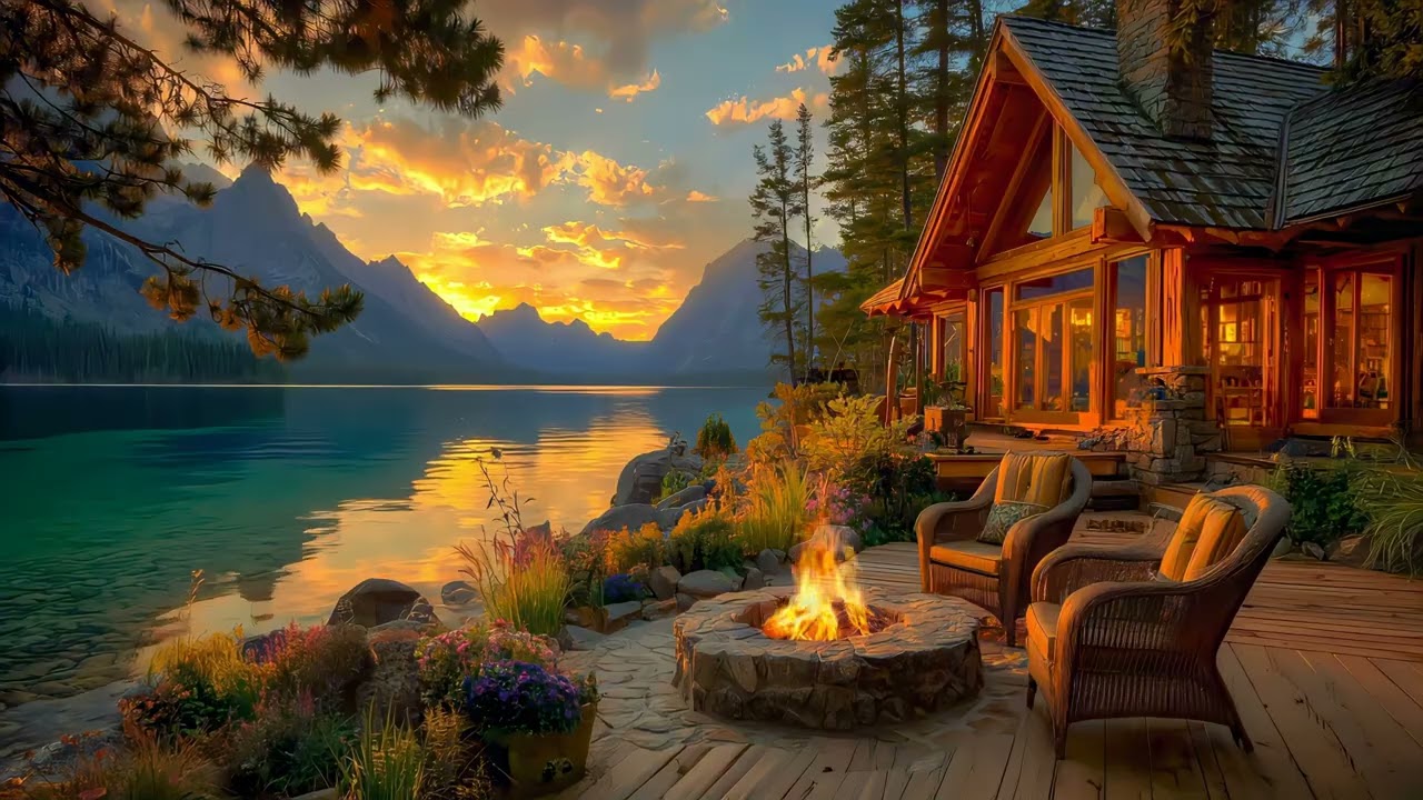 Sunset at a Cozy Lakeside Cabin 🔥 Fireplace Sounds, Calm Water, Birds | Deep Relaxation