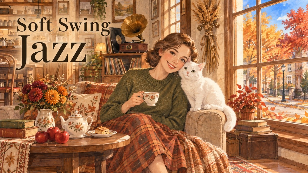 🔴Cozy Autumn Cafe Jazz ☕ Relaxing 1940s Vintage Caf&eacute; 24/7 LIVE | A Golden Hour with My White Cat