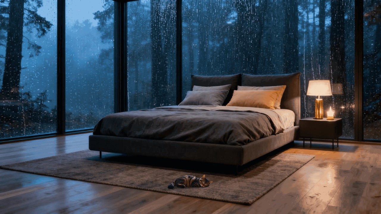 Relaxation Sleep Music | Cozy Bedroom in a Rainy Forest with Healing Piano & Gentle Rain Sounds