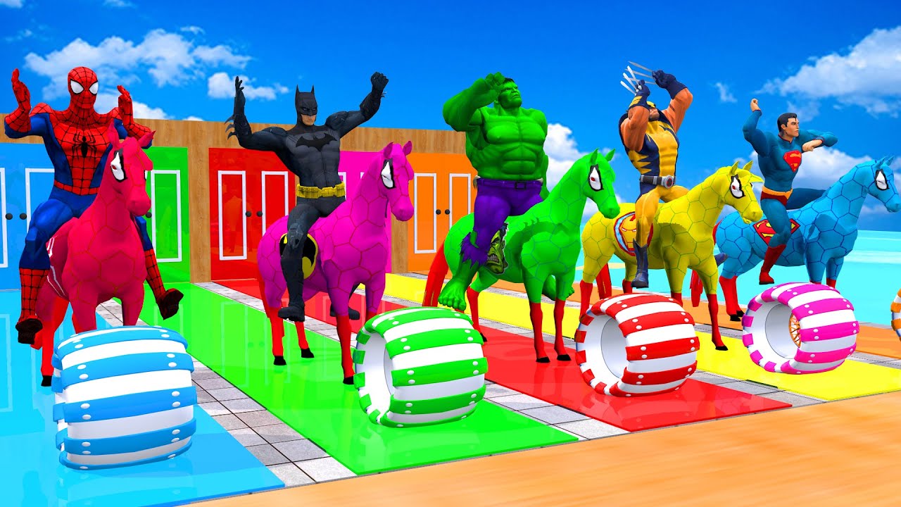 RED HORSE SPIDERMAN CROSSING FOUNTAIN ON RAINBOW SPIDERS BRIDGE AGAINST SHARKS RESCUE ANIMALS GAME