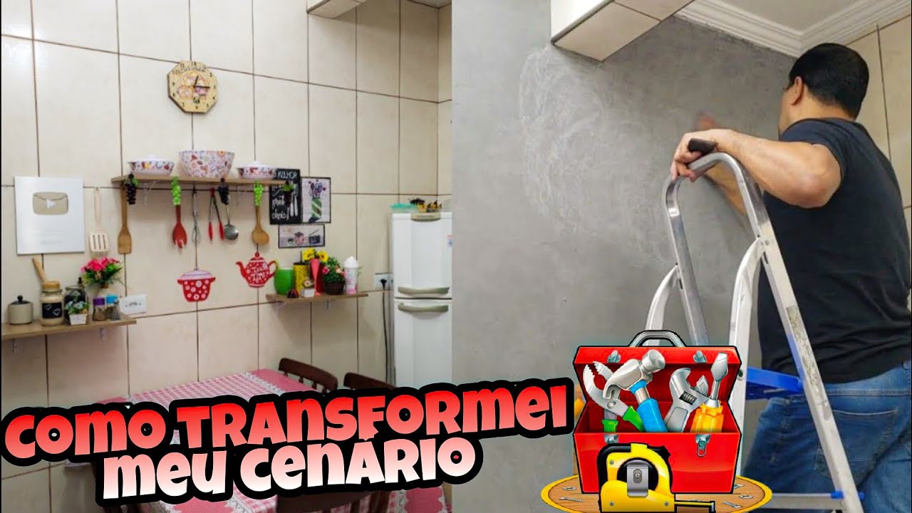 PAREDE DE CIMENTO QUEIMADO EM CIMA DO AZULEJO COM MENOS DE 50 REAIS//TRANSFORMEI MINHA COZINHA😱😍🤩