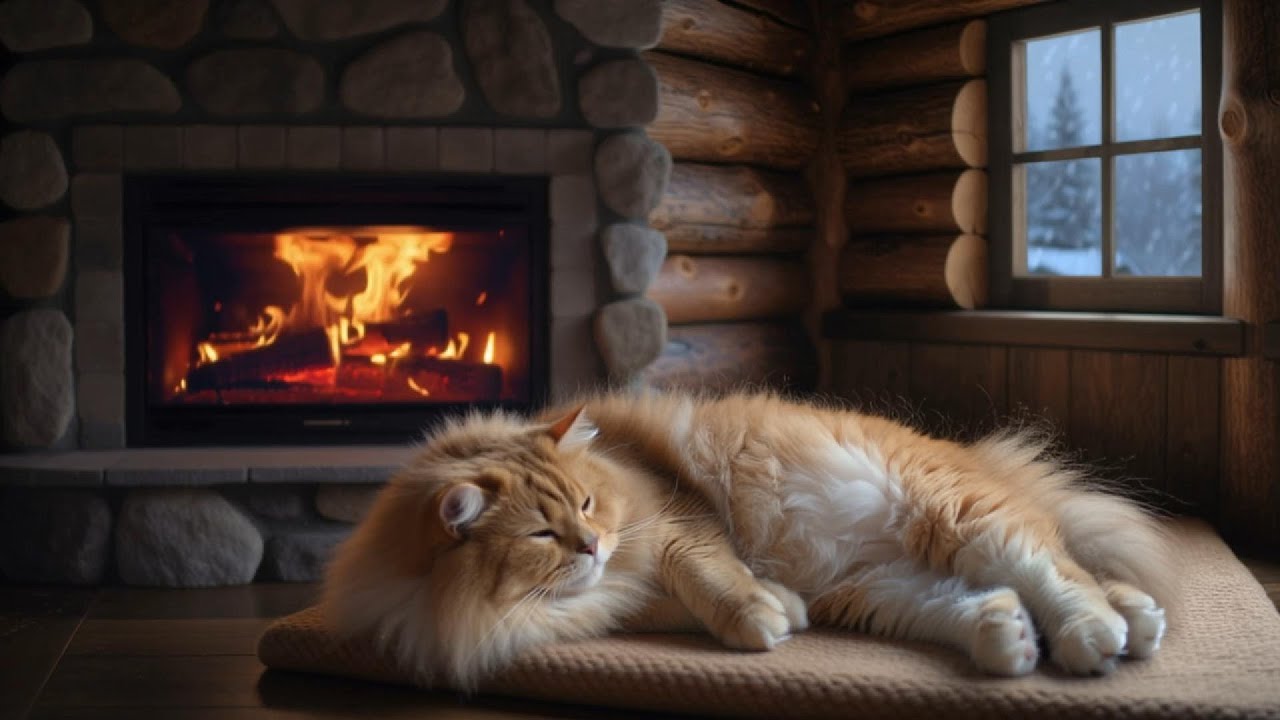 Fireplace in Snowy Cabin with Cat – Fireplace Crackle Sounds (for Sleep & Relax)