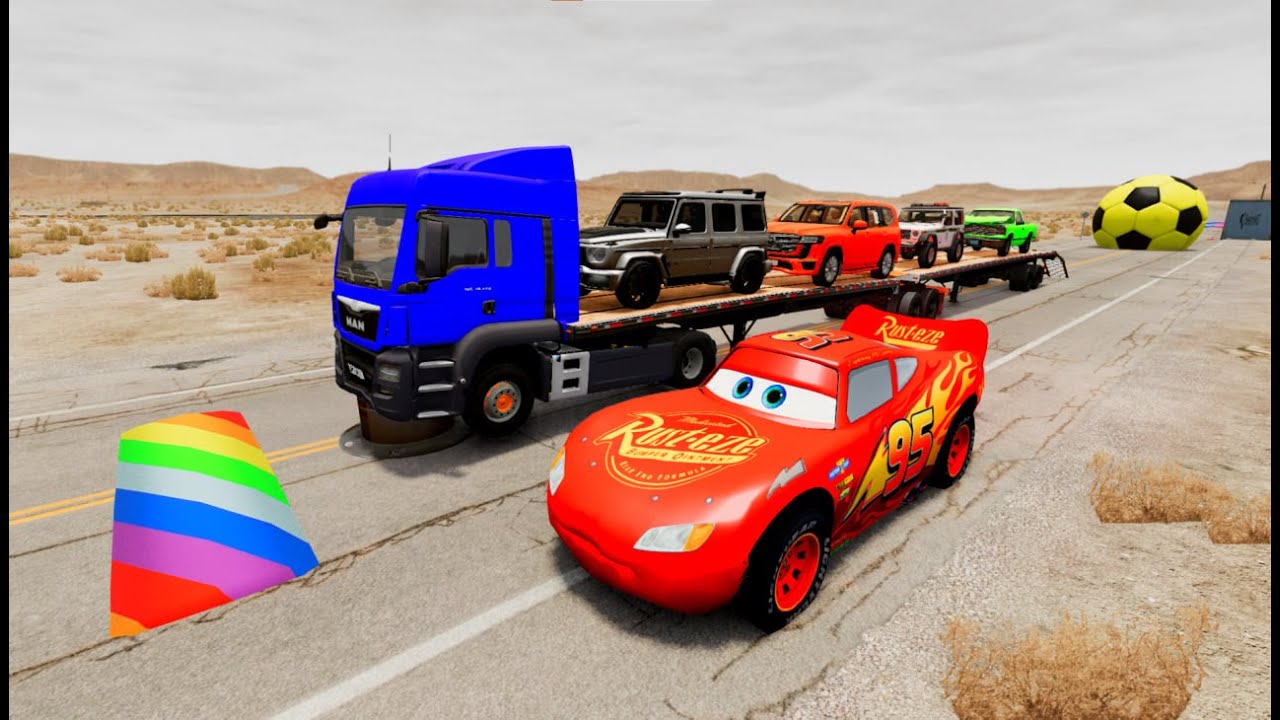 Flatbed Truck McQueen | Transportation with Truck - Pothole vs Car #08 | BeamNG.Drive Gameplay