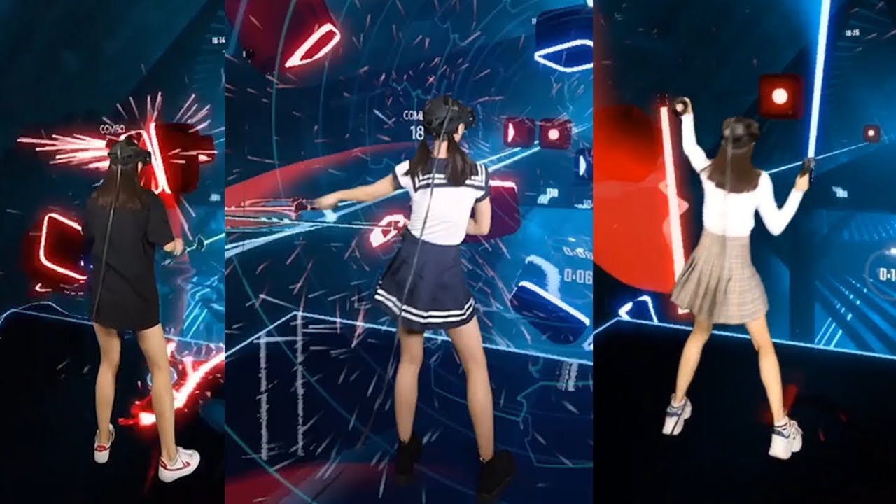 【Beat Saber】看美腿小姐姐如何炫酷玩转VR游戏，节奏光剑，合集