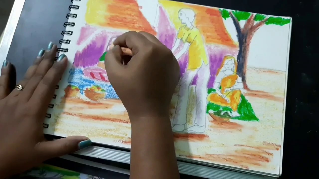 how to draw village market withpastel color|easy step by step | marketplace |Draw with Art kids