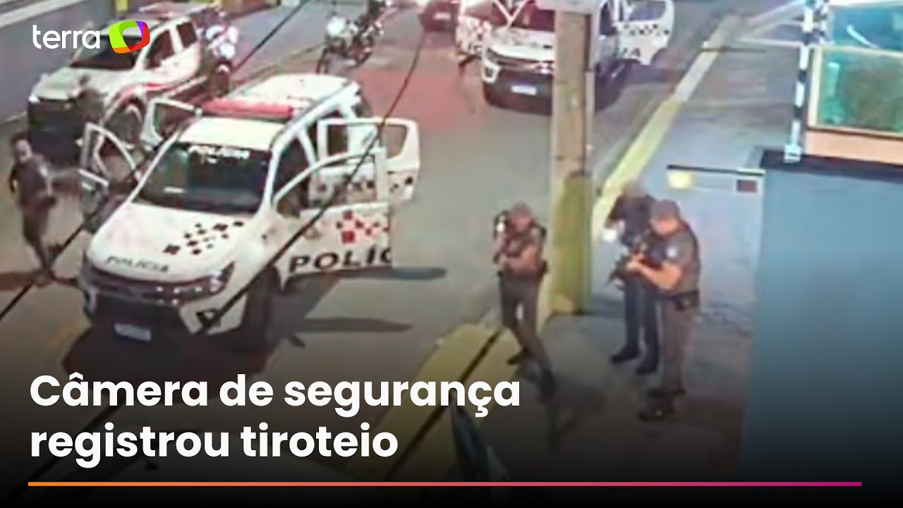 V&iacute;deo mostra tiroteio que deixou PM e 3 suspeitos mortos ap&oacute;s assalto a farm&aacute;cia no interior de SP