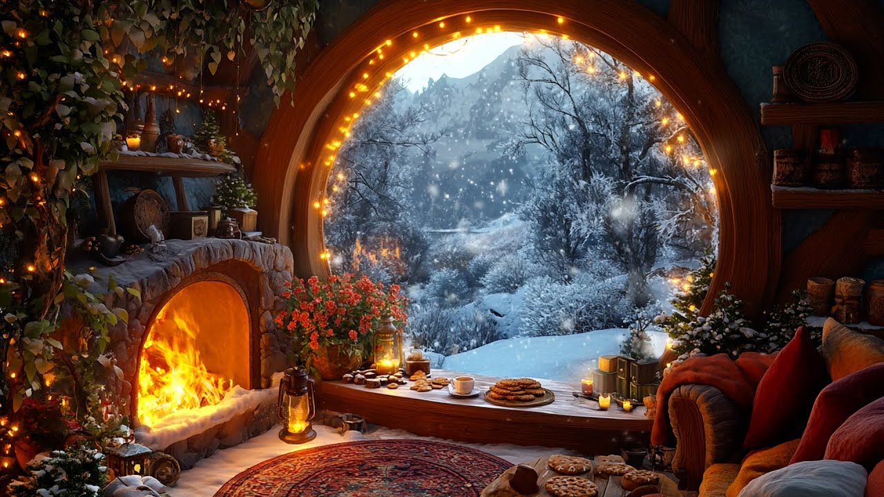 Cozy Hobbit Hole in Tranquility Forest Winter | Melodies Magical Music & Snowy, Crackling ASMR