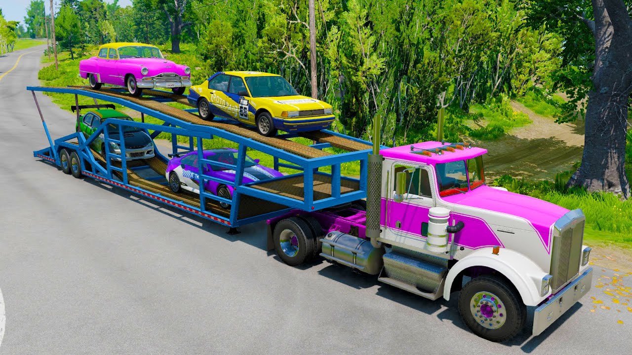 Double Flatbed Trailer Truck vs Speedbumps Train vs Cars | Tractor vs Train Beamng.Drive