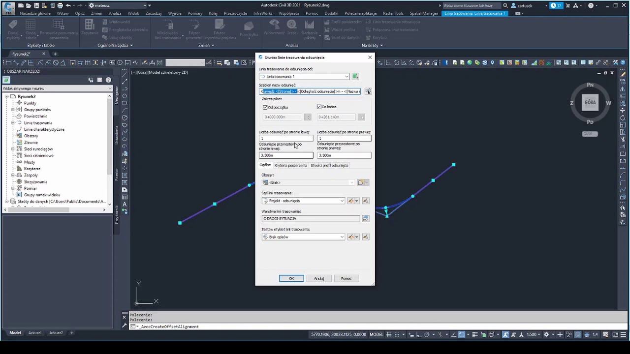 025 Autocad Civil 3D - linia trasowania odsunięcia