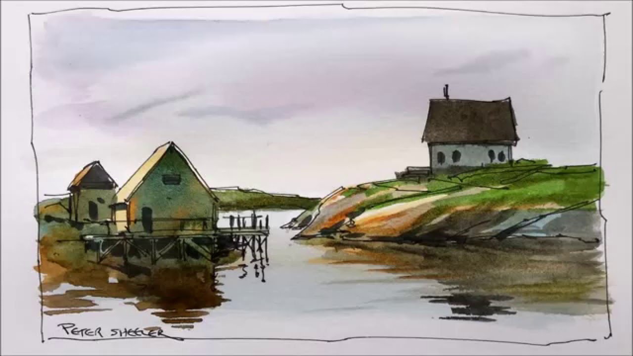 A line and wash watercolor demonstration of an East coast fishing village. Great for beginners