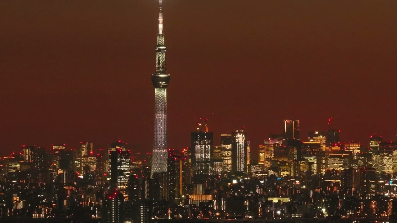 江戸川からの夜景By DJI Mavic3Pro 夕富士山、東京スカイツリー