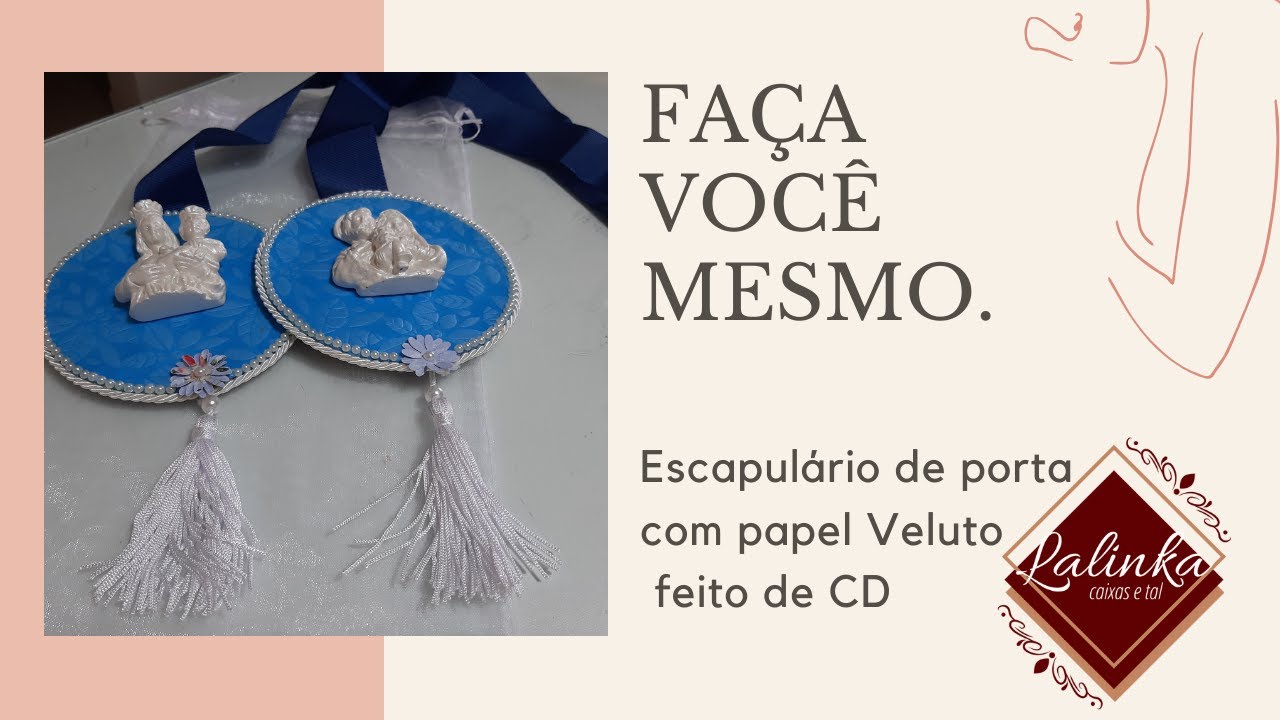 Escapulário de porta feito com CD/ passo a passo/ papel Velutto, pérolas e cordão de S. Francisco.