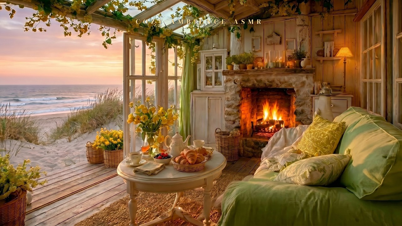 Seaside Morning Escape 🌅Gentle Waves, Birdsong & Warm Fire Sounds for Calm Focus and Peaceful Rest