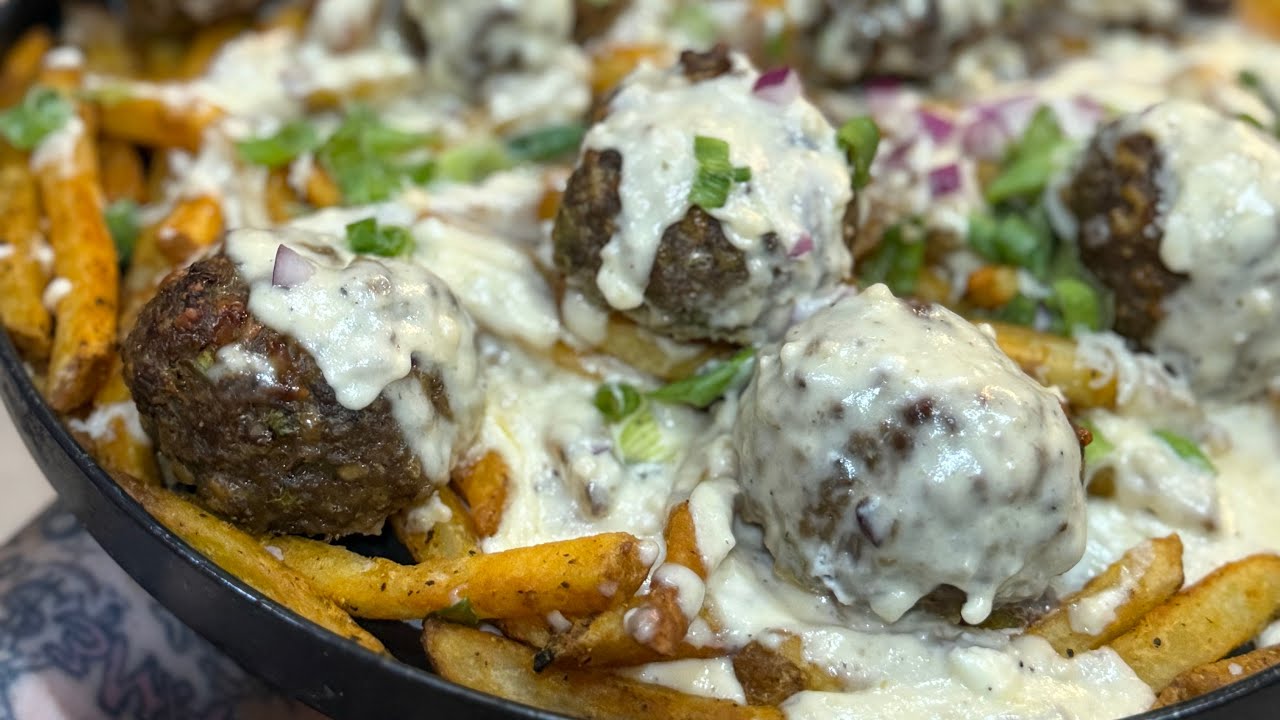 Fully loaded. Cheesy meatball fries
