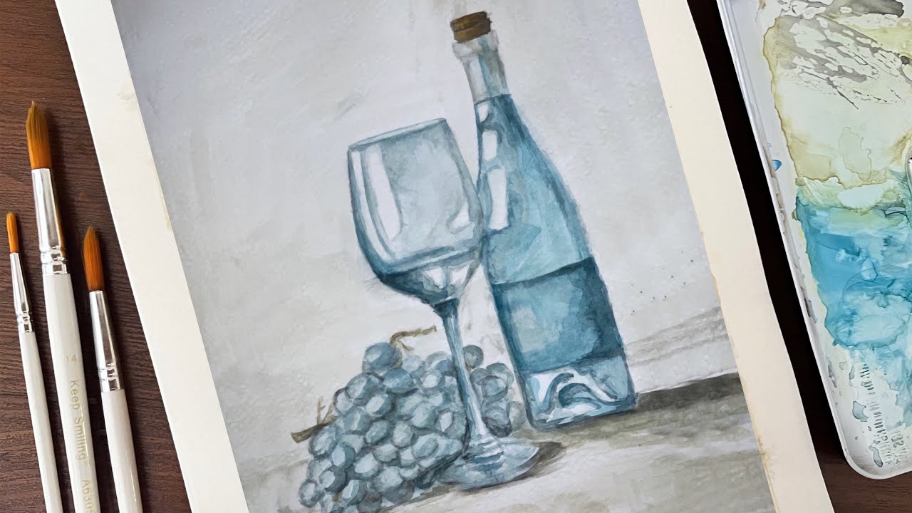 Painting a Wine Bottle with a Wine Glass and Grapes | Watercolor Art