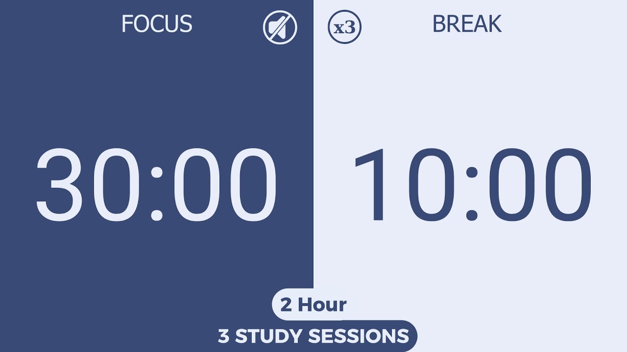 2-Hour Silent Pomodoro Timer (2x30/10) | No Music | Study, Focus, ADHD